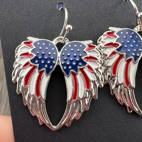 Silver Angel Wing Earrings with Red and Blue Accents - Picture 3 of 3